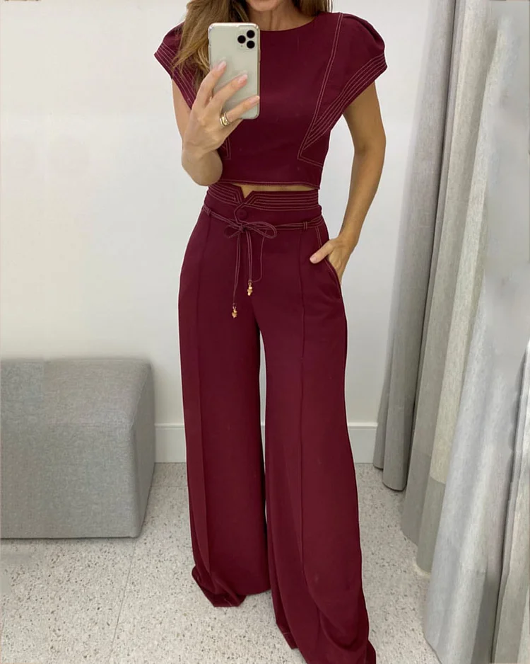 Fashion Solid Color Round Neck Top & Pants Set