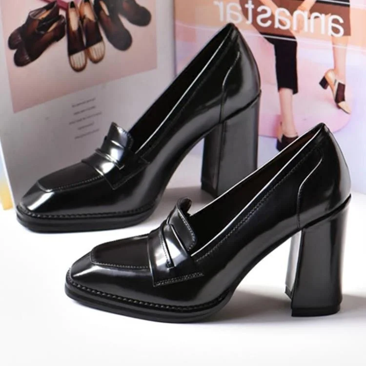 Black Patent Leather Loafers with Block Heel Vdcoo