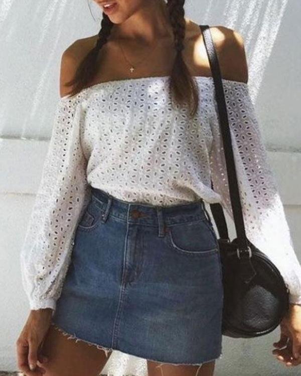 Off Shoulder Lace Insert Hollow Out Slit Casual Blouse - Chicaggo