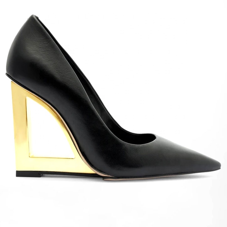 TAAFO Black Patent Leather Pointy Toe Square Heel Dress Pumps Low Wedge Heel Pumps