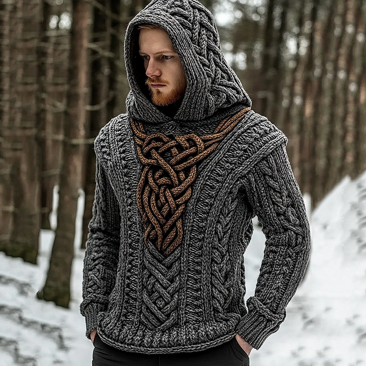 Men's Viking Celtic Knotwork Pattern Cozy Knit Hooded Sweater