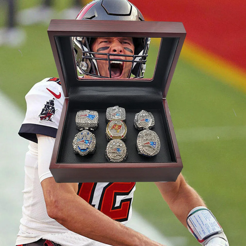 【Tom Brady】NFL 7-pcs Championship Rings And Trophies Set Box Goat Tom Brady MVP