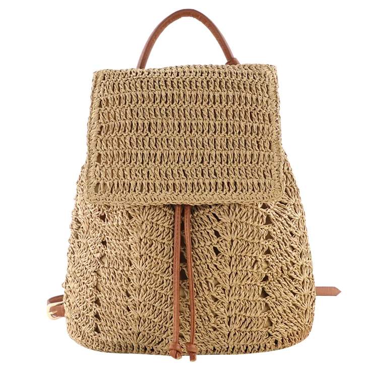 Fashion Straw Shoulders Backpack Hand-Woven Women Beach Bucket Bag (Brown)