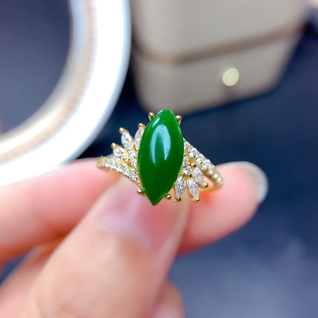 Natural Hetian Jade and Emerald Ring, Women's Adjustable Open Band with 925 Sterling Silver and 18K Rose Gold Plating