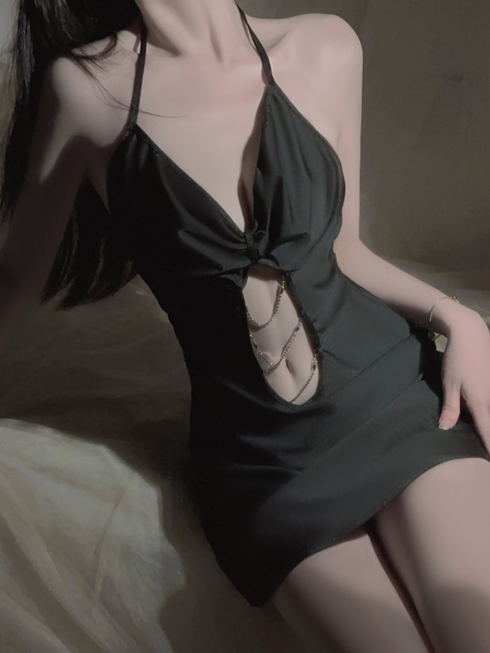 Lovingerie - Deep V Halter Neck Chain Satin Nightdress