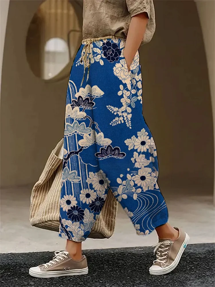 Women's Japanese Art Floral Print Casual Wide Leg Pants socialshop