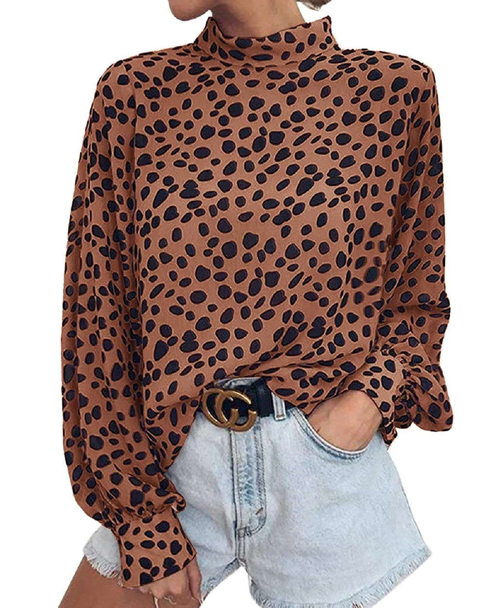 Women's Casual Leopard Print Chiffon Shirts Turtle Neck Long Sleeve Curved Blouse Top