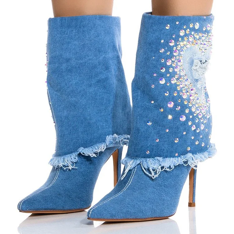 Blue Pointed Rhinestones Boots Women'S Elegant Stiletto Denim Heels Folded Strap Calf Boots |FSJ Shoes