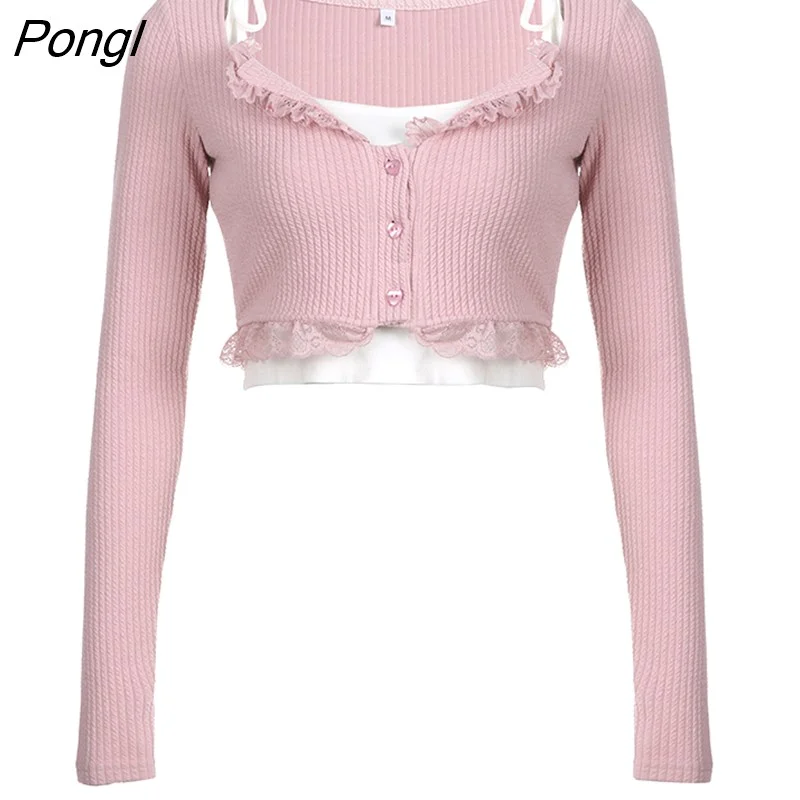 Pongl Lace Turn-down Collar Pink Top and White Sleeveless Crop Top 2 Piece Set Women Sweet Aesthetic Kawaii Suit Korean Tees
