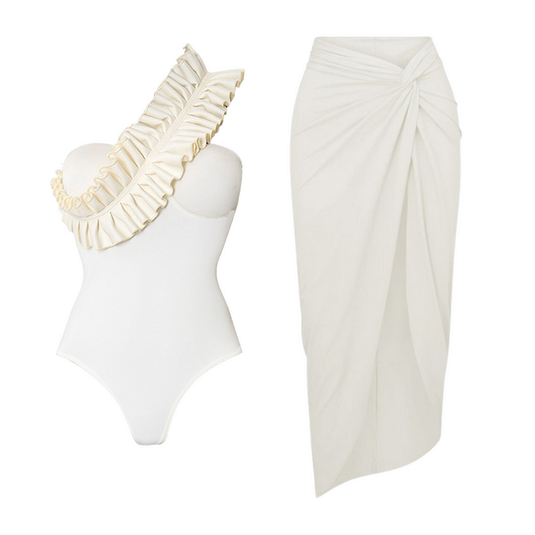 One Shoulder Ruffle White One Piece Swimsuit and Skirt Flaxmaker 