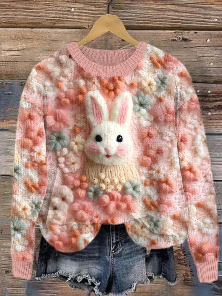 VChics Cute Rabbit & Floral Embroidery Art Cozy Knit Sweater