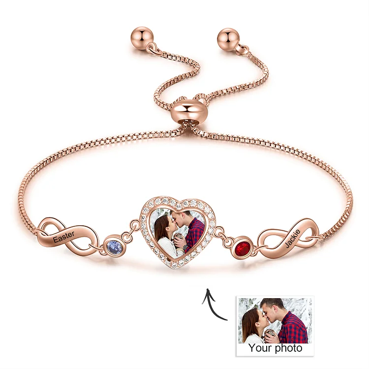 Infinity Love Heart Photo Bracelet with 2 Birthstone 2  Names Personalized Gift