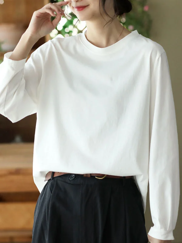 Casual Roomy Flared Sleeves Pure Color Round-Neck T-Shirts Tops