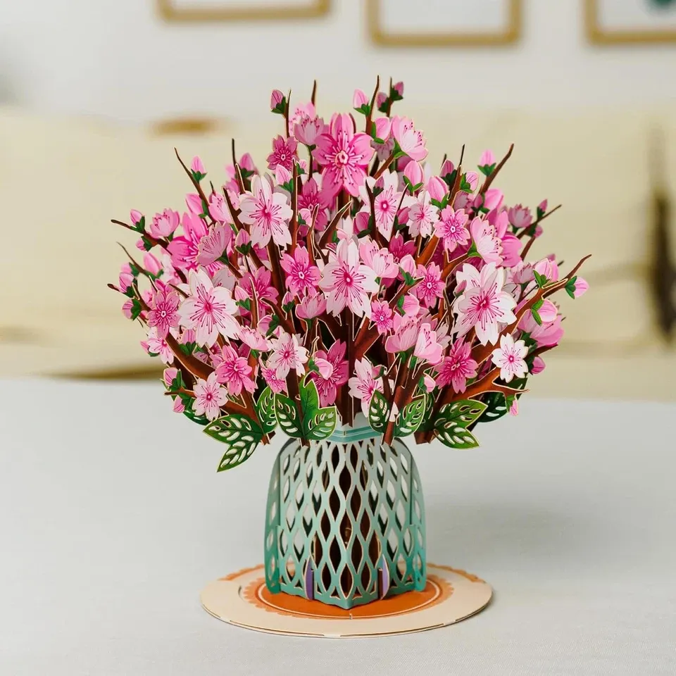 Mother's Day 3D Pop-Up Flower Card, Forever Cherry Blossom/Rose Bouquet Greeting Card, Handmade Paper Flower Gift for Mom