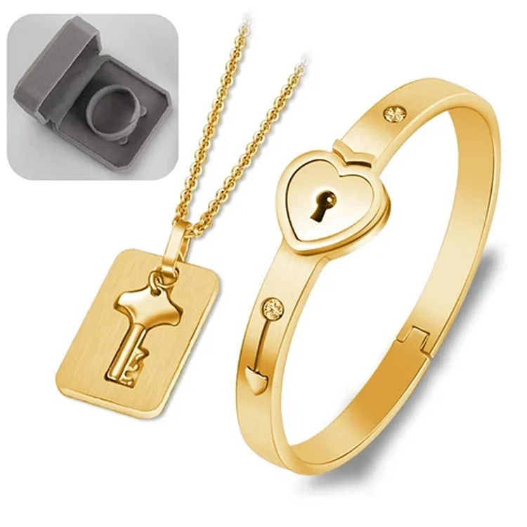Key to My Heart Couple Key Necklace and Love Lock Bracelet Set