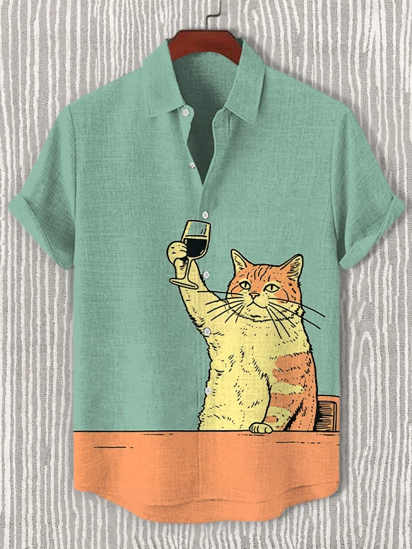 Men's Orange Cat Drinking Red Wine Print Casual Shirt