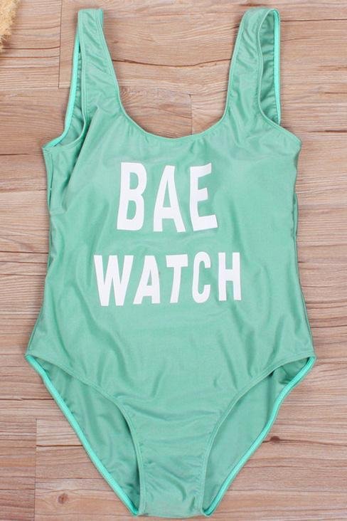 Green Shaping Letter Print Low Back Cute One Piece Swimsuit - Shop Trendy Women's Clothing | LoverChic