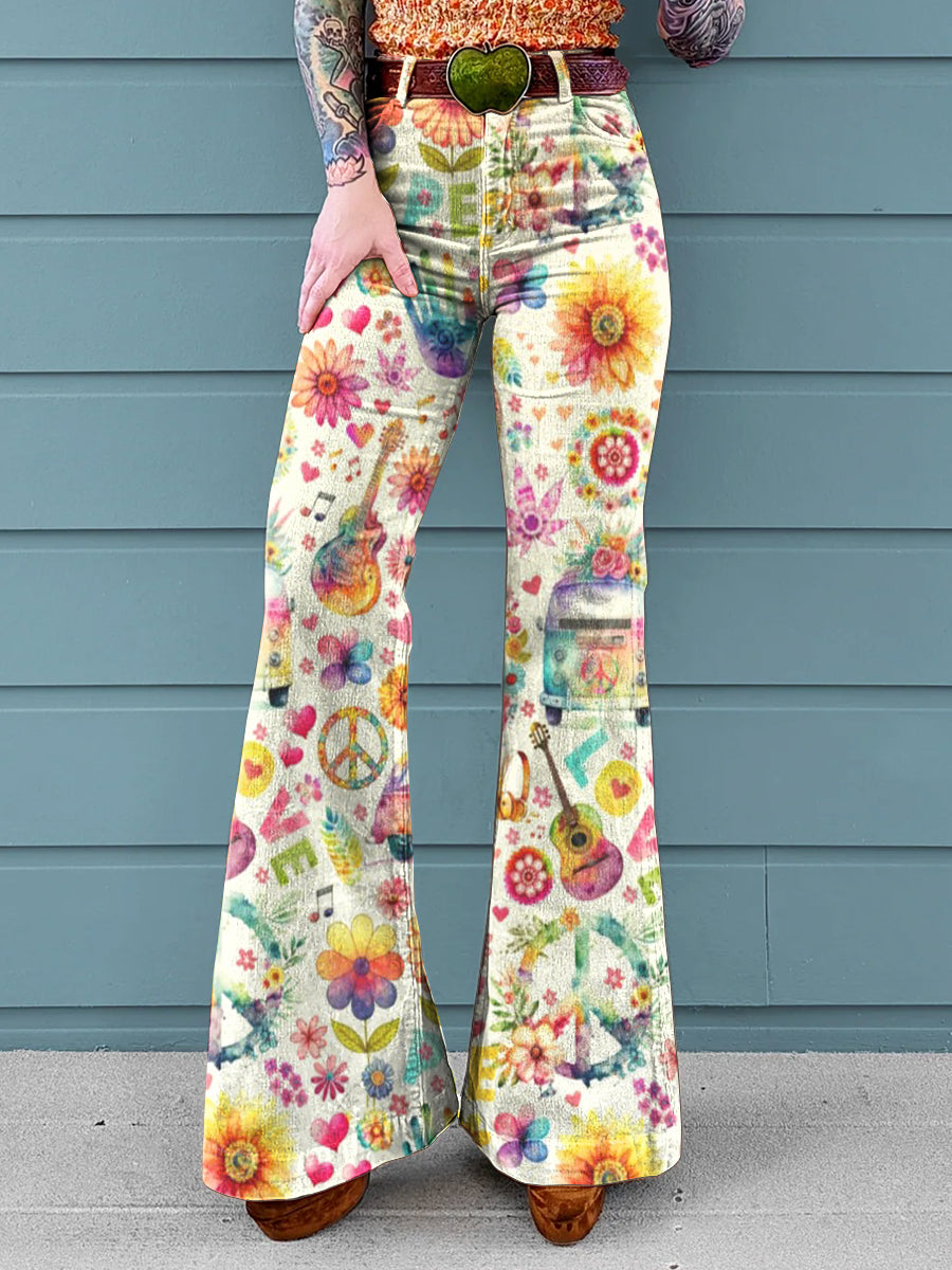 Women's Retro Hippie Peace and Love Printed Casual Pants main image 1