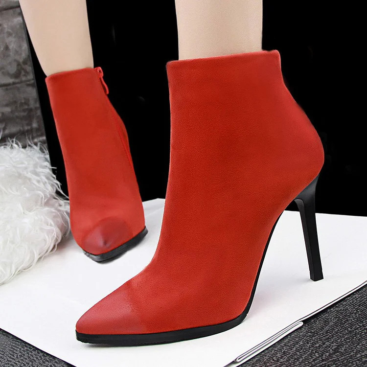 Red Pointed-Toe Stiletto Ankle Boots Vdcoo