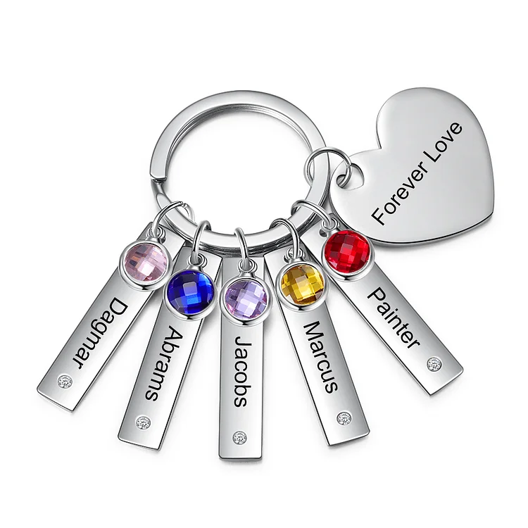 Personalized Heart Keychain with Birthstones Engraved 5 Names Family Keychain