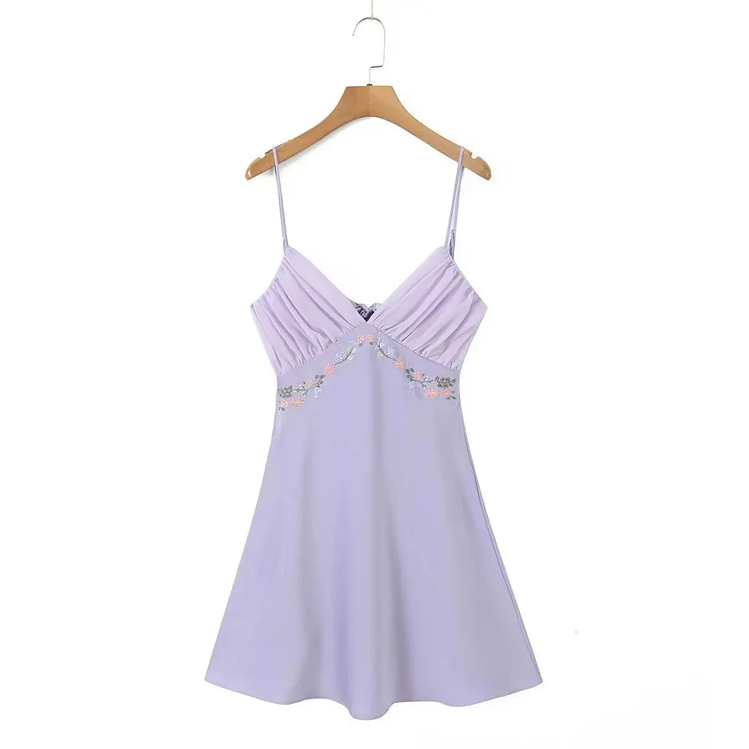 Tlbang 2024 Women Floral Embroidery Purple Sling Mini Dress Sexy Backless V Neck Female Summer Dress Holiday Robe LDZZ7038