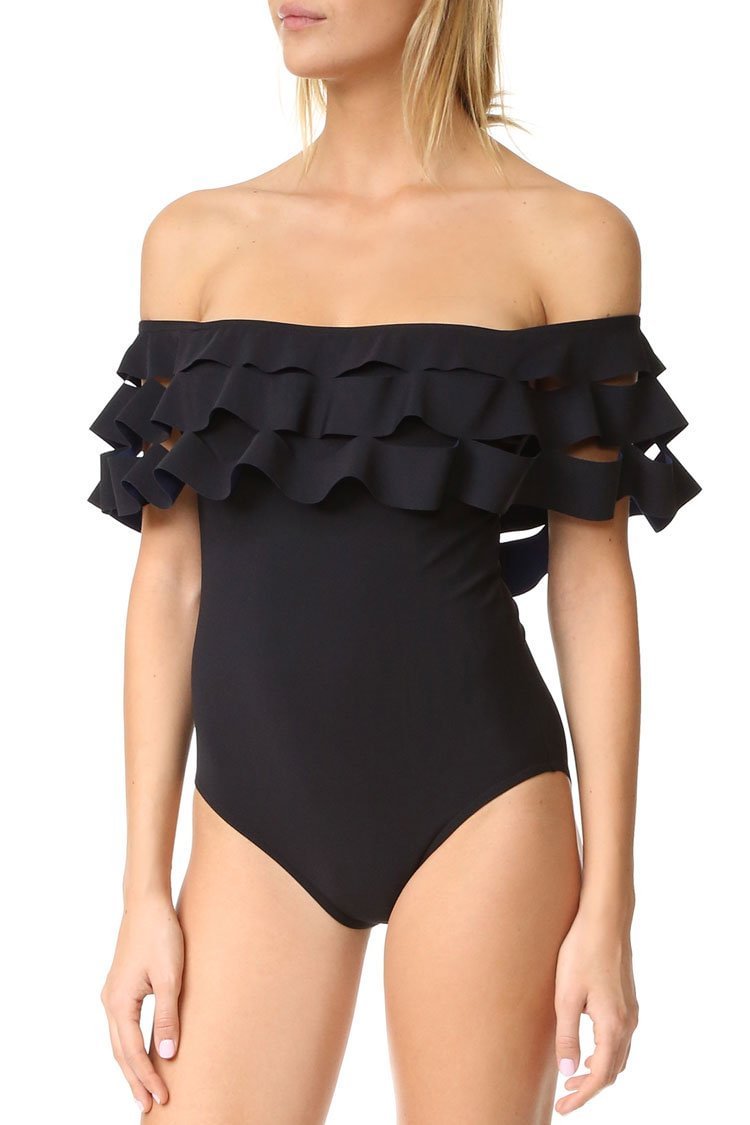 Black Layered Ruffle Off The Shoulder One Piece Swimsuit - Shop Trendy Women's Clothing | LoverChic