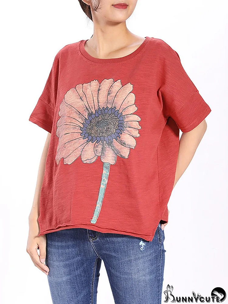 Plus Size Short Sleeve Sunflower Printed T-shirt