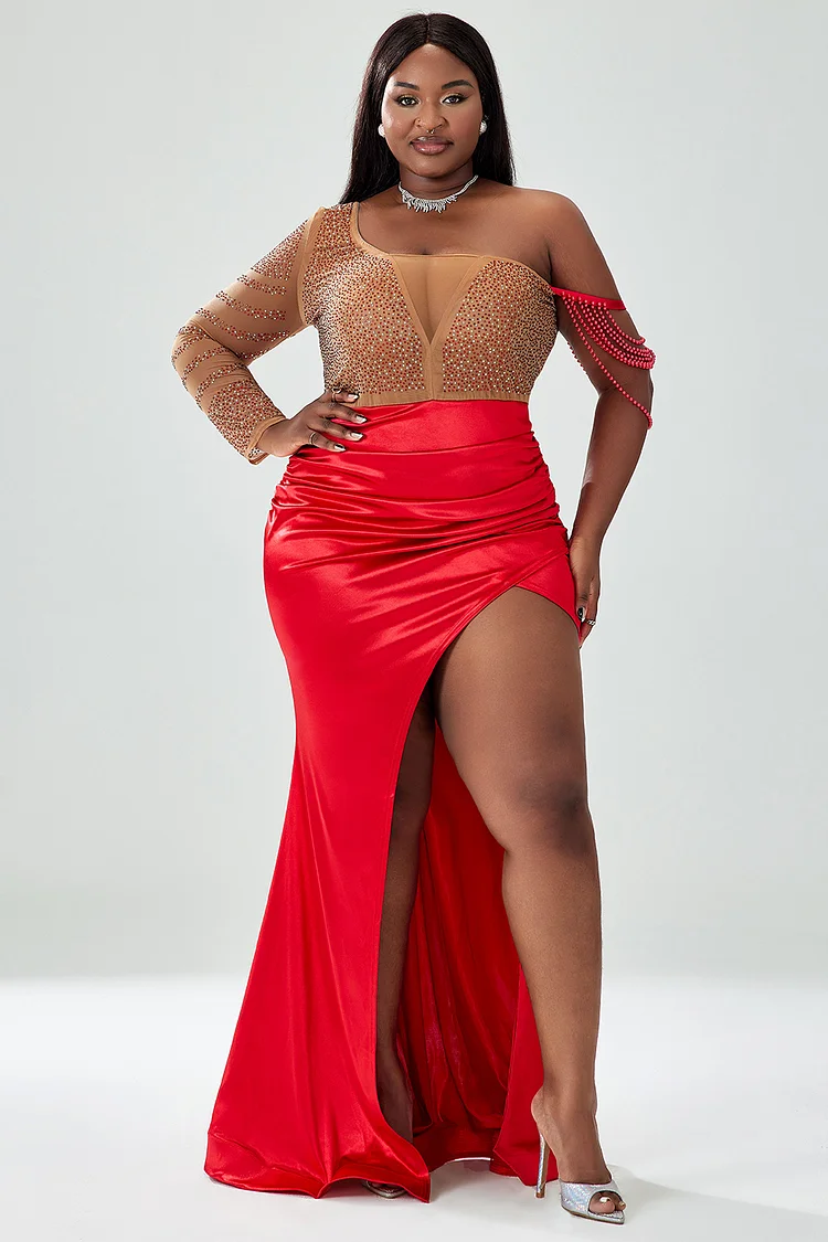 Plus Size Red Formal Sequin See-Through High Slit Satin Maxi Dress