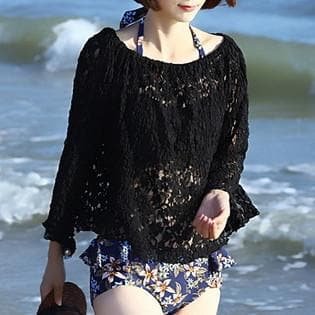 Black/White Lace Floral Three-Piece Swimsuit SP179083
