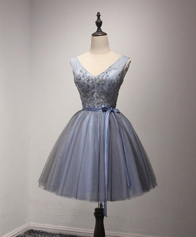 Gray Tulle Lace Short Prom Dress, Homecoming Dress