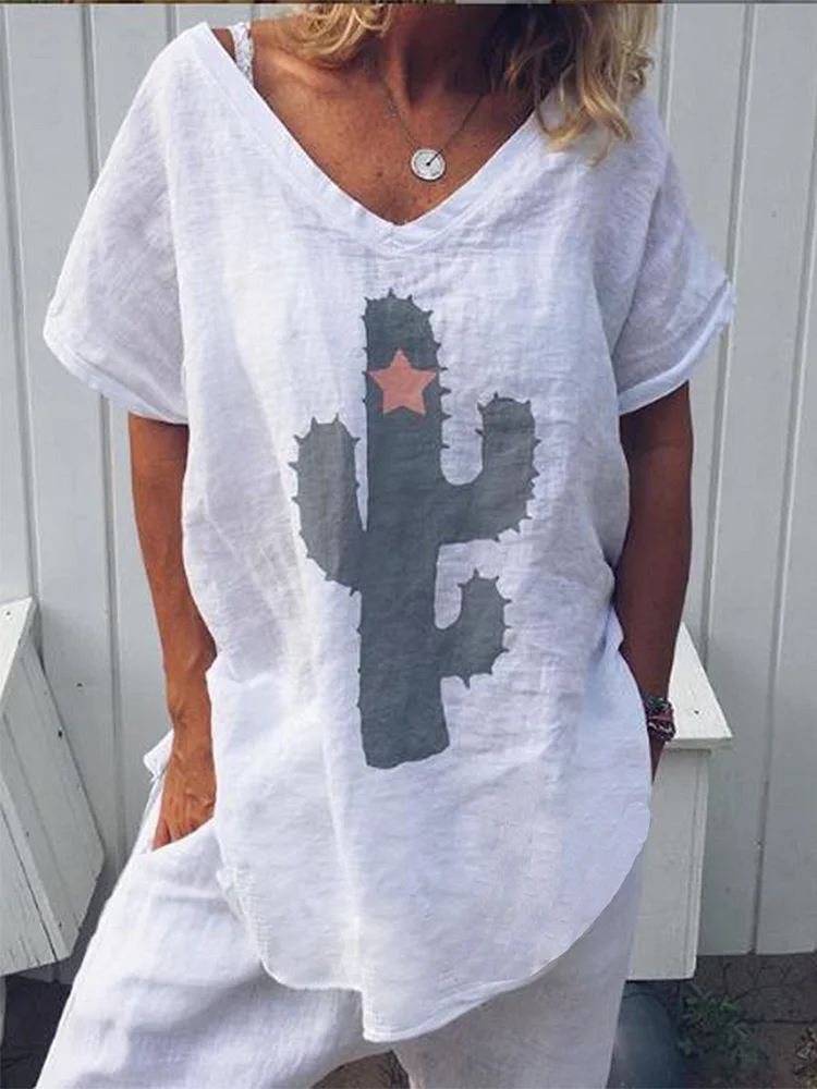 Plus Size Short Sleeve Printed Cotton and Linen T-shirt VangoghDress