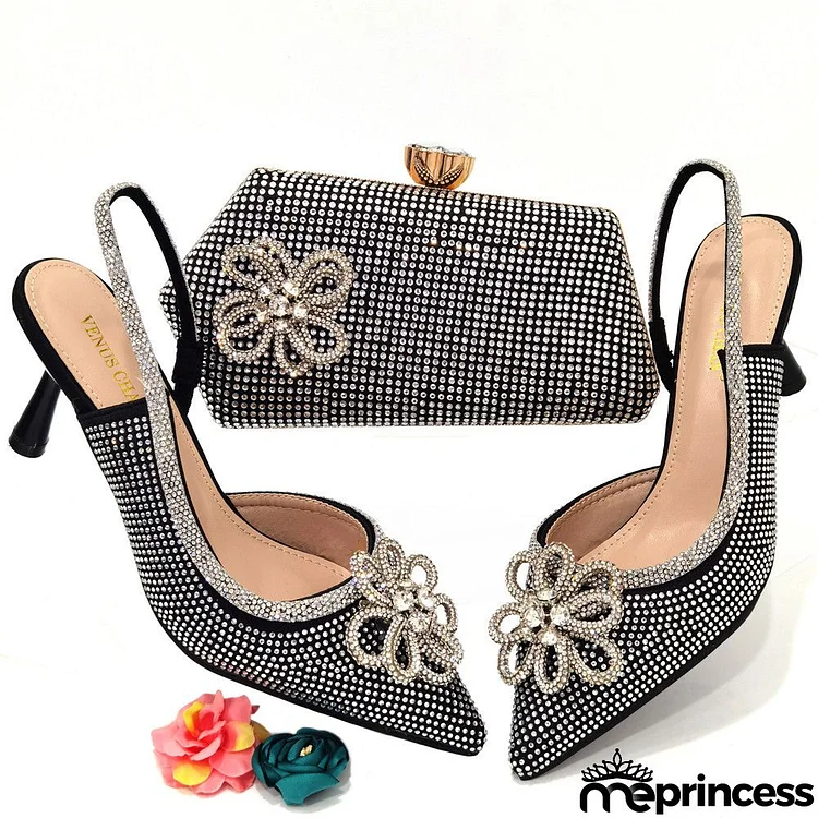 Women Fashion Pointed Toe Floral Rhinestone Sandals With Floral Evening Bag Set