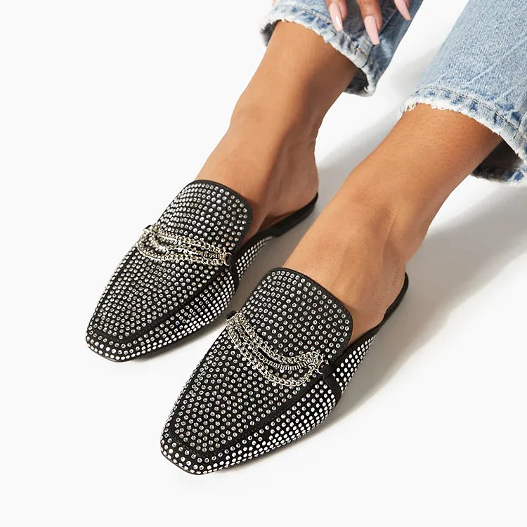 Black Square Toe Flats Rhinestones Mule Loafers for Women |FSJ Shoes