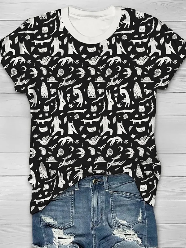 Women's Casual Cute Animal Pattern All Over Printed T-Shirt