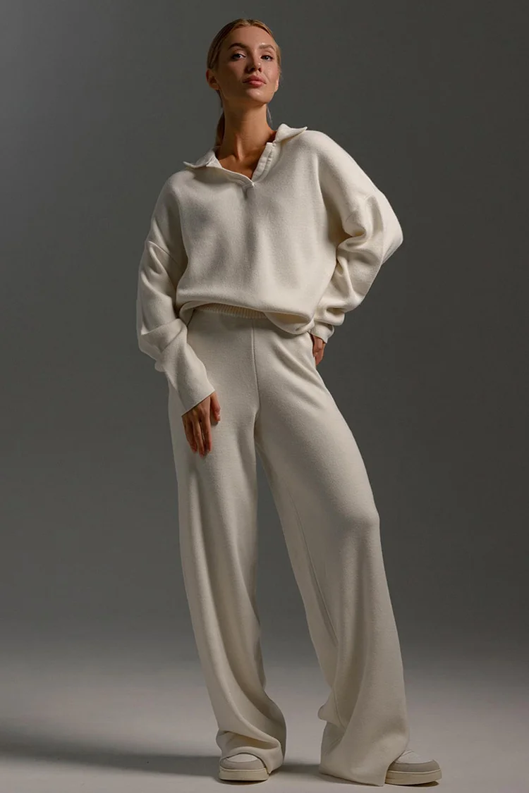 Knit Turndown Collar Sweater Plain Wide Leg Pants Matching Set-Beige