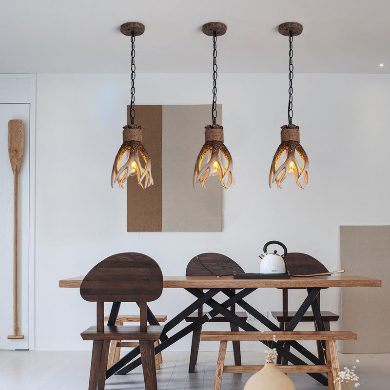 Traditional Vintage Antler Resin Glass Shade 1-Light Pendant Light For Living Room