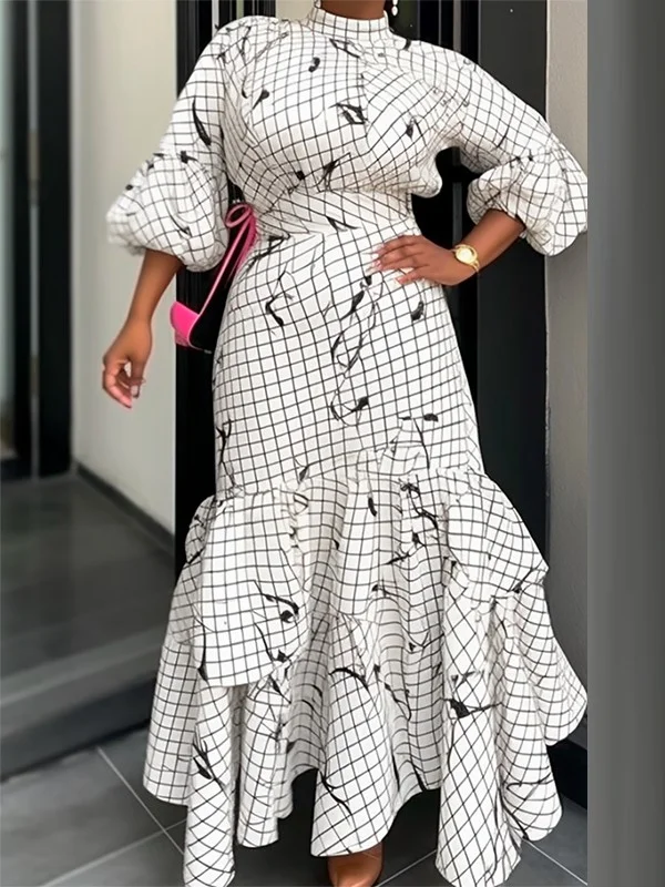 Plaid Printed Plus Size Puff Sleeves Stand Collar Maxi Dresses