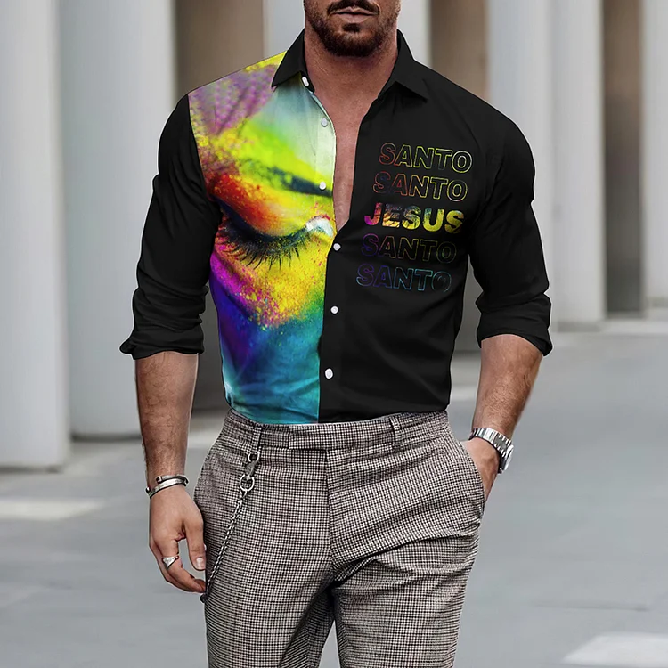 BrosWear Men'S Color Face Jesus Print Long Sleeve Shirt
