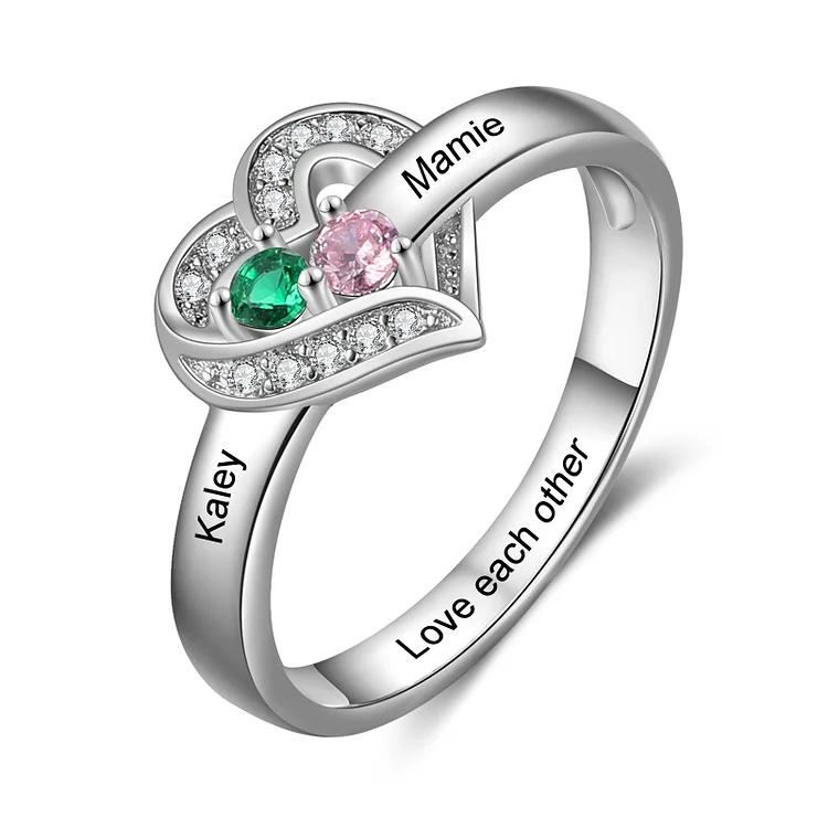 S925 Silver Personalized Mother Ring with 2 Birthstones Heart Family Ring
