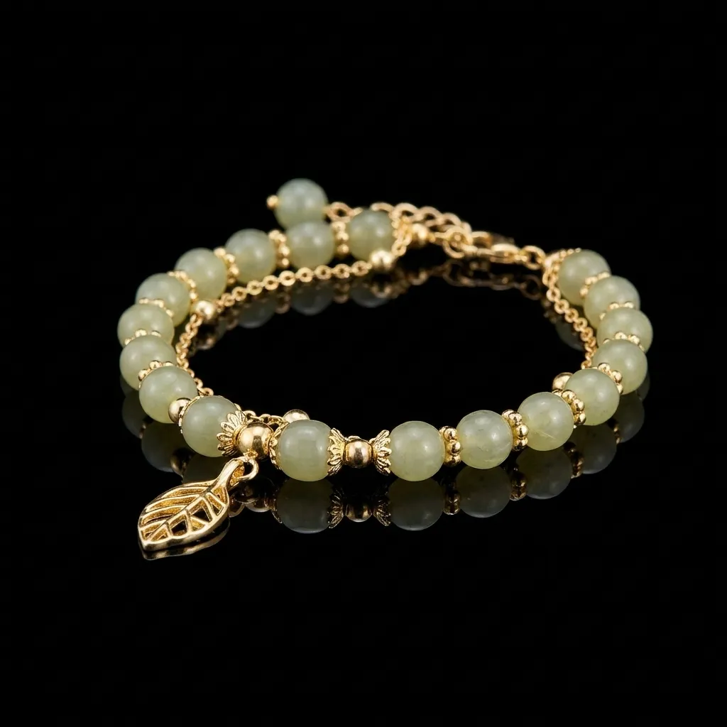 Verdant Harmony | Green Jade & Gold Leaf Double-Chain Bracelet