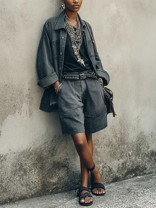 Women's Streetwear Dark Grey Washed Denim Collared Jacket And Matching Cargo Wide-Leg Denim Shorts Set MD
