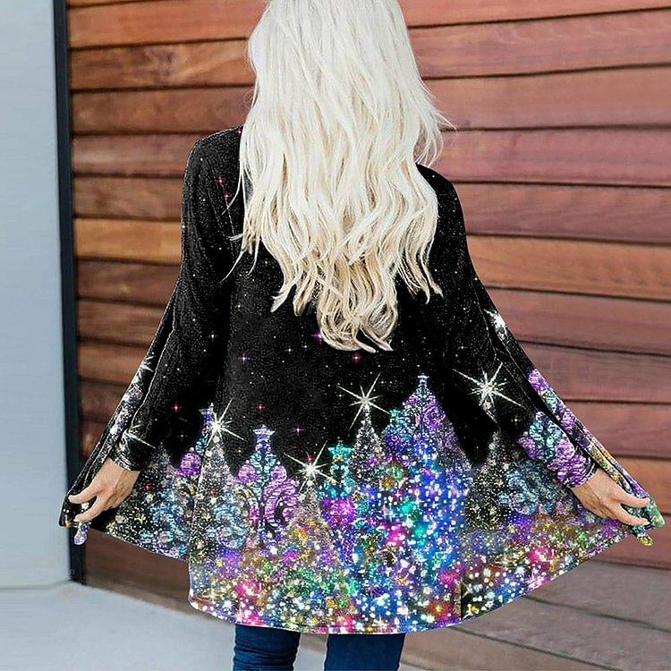 Comstylish Sequined Christmas Tree Print Casual Long Sleeve Cardigan