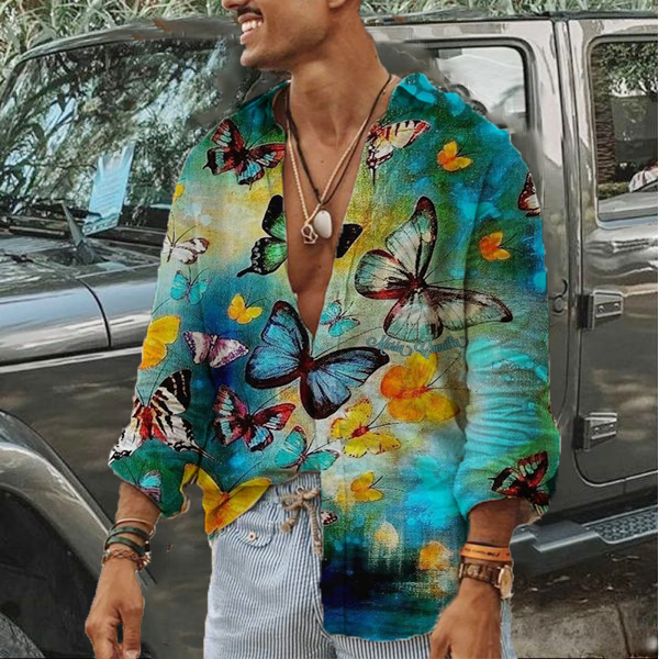 Men's Fashion Printed Cotton Linen Long Sleeve Shirt
