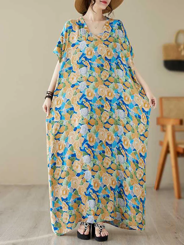 Contrast Color Floral Stamped Batwing Sleeves Roomy V-Neck Maxi Dresses