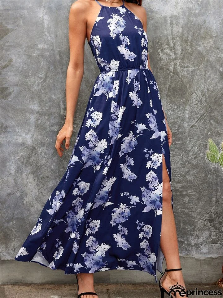 Spring and Summer New Hanging Neck Ties Open Fork Casual Vacation Print High Waist Long Skirt Elegant Wind Dress Female