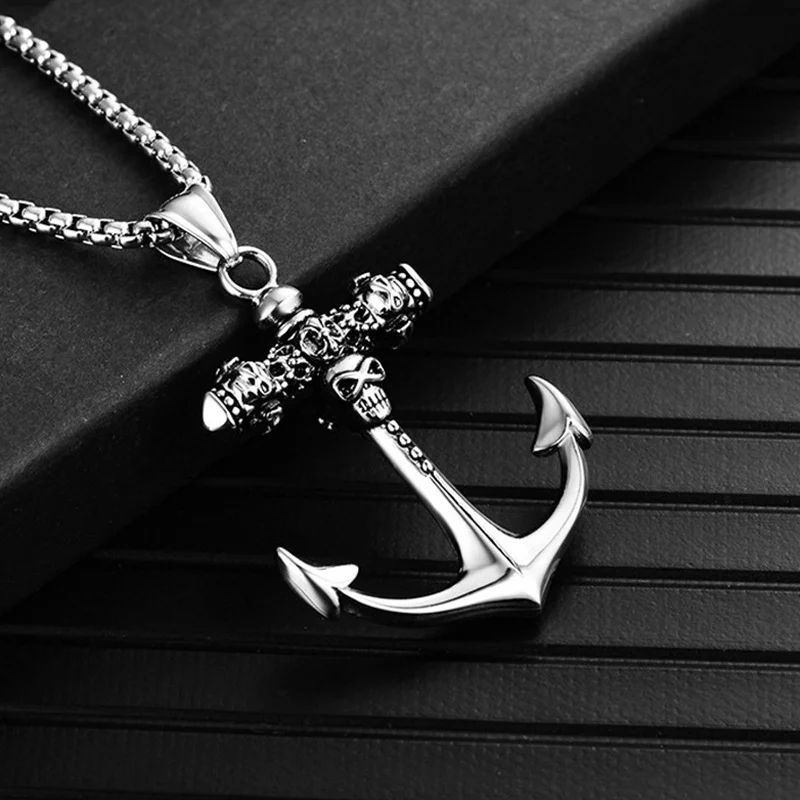 Vintage Pirate Anchor Pendant Men's American Style Explosive Style Stainless Steel Skull Pendant Necklace