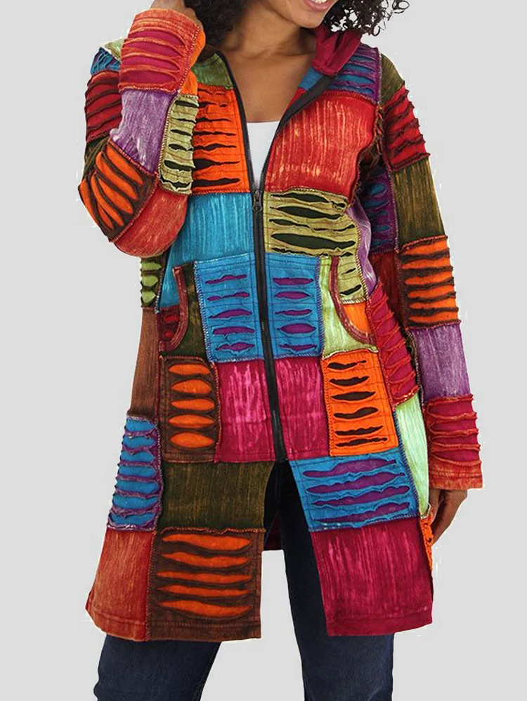 Ursime Fashion Colorblock Patchwork Ripped Ruffle Long Sleeve Zipper Hooded Jacket