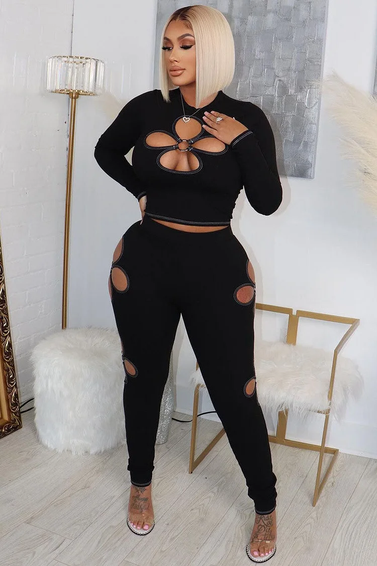 Floral Cutout Long Sleeve Top Skinny Pants Two Pieces Set