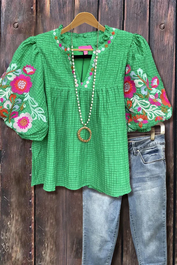 Casual V-Neck Floral Embroidered Puff Sleeve Top