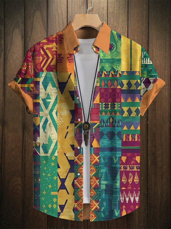 Men's Hippie Abstract Ethnic Pattern Art Print Short Sleeve Shirt